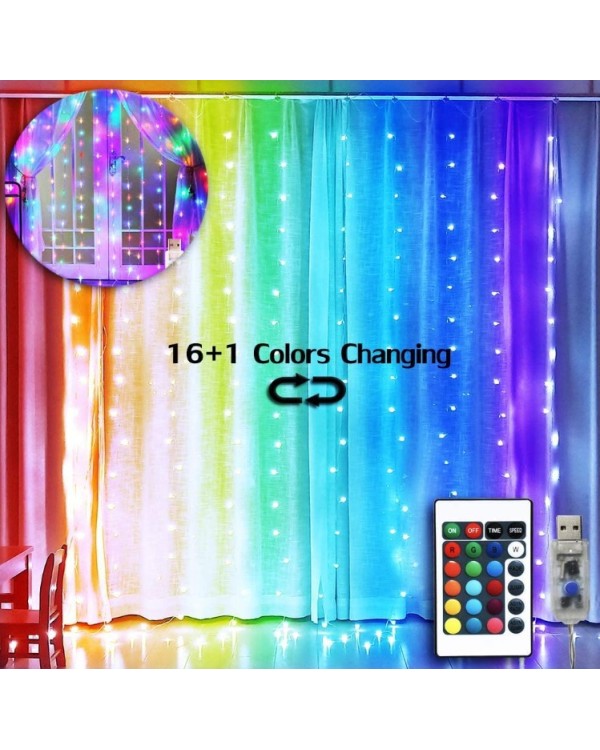 3M ilgio x 3M pločio LED lempučių užuolaida su nuotoliniu valdymu ir 16 skirtingų spalvų